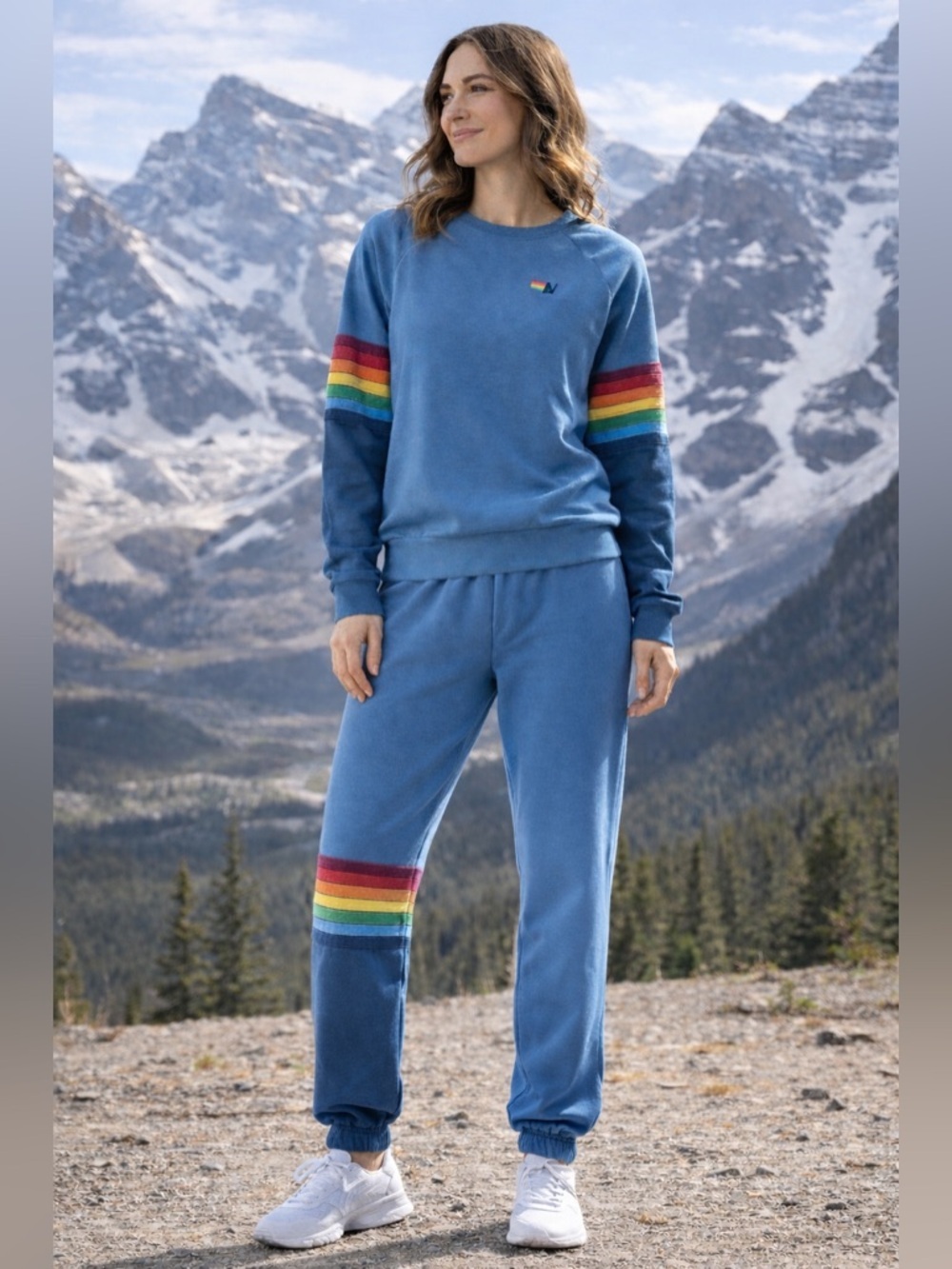Aviator Nation Blue Rainbow Stitched Crew and Jogger Set